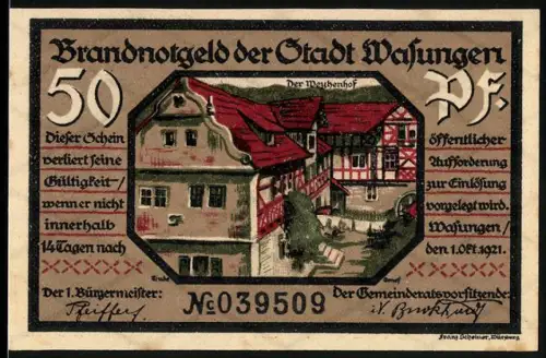 Notgeld Wasungen 1921, 50 Pfennig, Möhlenhof und Brandruinen-Szene