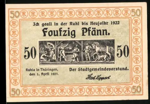 Notgeld Ruhla in Thüringen 1921, 50 Pfennig, Schmiedeszene und Feuerwehrleute beim Einsatz in Ort