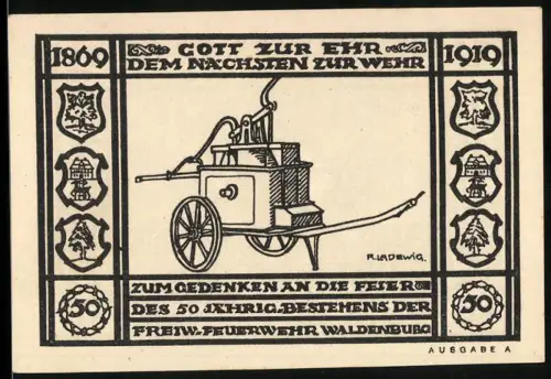 Notgeld Waldenburg 1920, 50 Pfennig, Feuerwehr-Jubiläum mit Löschfahrzeugen und Wappen