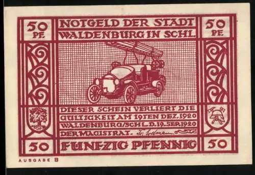 Notgeld Waldenburg 1920, 50 Pfennig, Feuerwehrauto und historische Feuerwehrpumpe, Stadtwappen