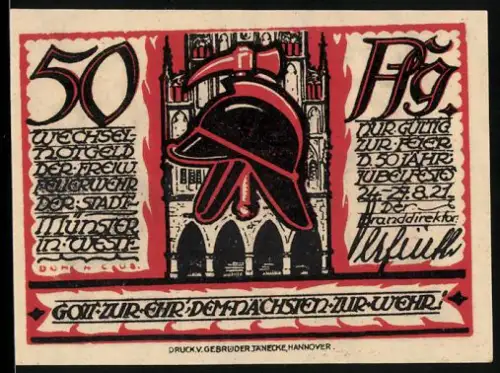 Notgeld Münster i. W. 1921, 50 Pfennig, Feuerwehrhelm und Feuerwehrauto vor Flammenmotiv
