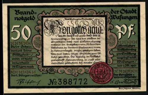 Notgeld Wasungen 1921, 50 Pf, Ortsansicht nach Brand mit Trümmern und Gedicht, rotes Siegel