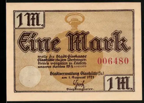 Notgeld Glashütte /Sa. 1921, 1 Mark, Taschenuhr und Sternwarte-Motiv