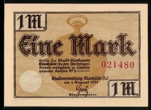 Notgeld Glashütte /Sa. 1921, 1 Mark, Uhrmacher-Schule und Uhrenteile