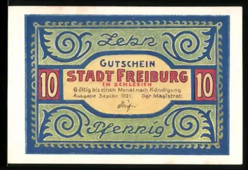 Notgeld Freiburg in Schlesien 1921, 10 Pfennig, stilisierte Ornamente und Adler über Ortsansicht mit Uhr