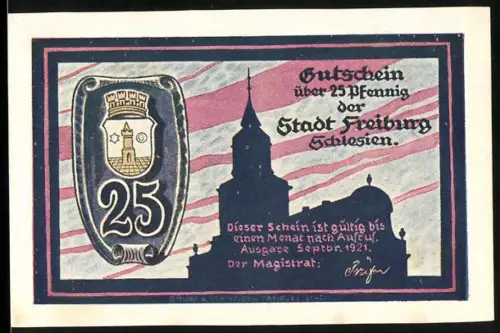 Notgeld Freiburg /Schlesien 1921, 25 Pfennig, Stadtsilhouette und Zwerge mit Uhr und Schlüsseln vor Industriekulisse