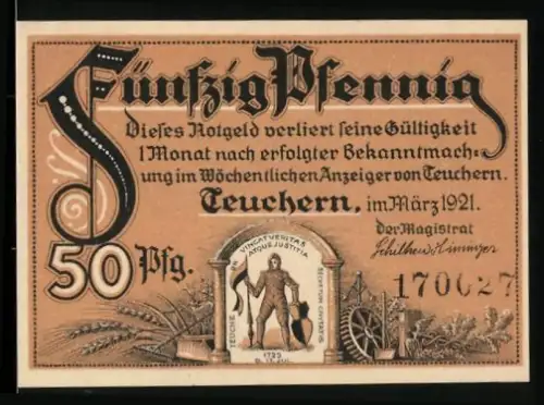 Notgeld Teuchern 1921, 50 Pfennig, Fabrikansicht und Wappen mit Schmiedemotiv