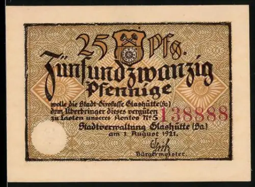 Notgeld Glashütte /Sa. 1921, 25 Pfennig, Sternwarte und Uhr, Stadtwappen oben