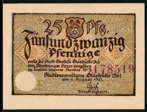 Notgeld Glashütte /Sa. 1921, 25 Pfennig, Wappen und Text über Präzision in Glashütte
