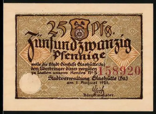 Notgeld Glashütte /Sa. 1921, 25 Pfennig, Zahnrad und Text Wie die Spannung so die Kraft