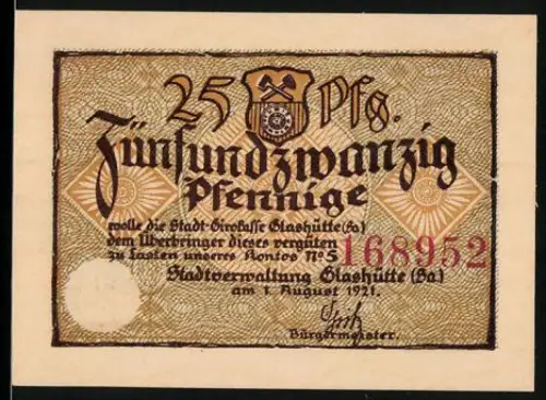 Notgeld Glashütte /Sa. 1921, 25 Pfennig, Wappen und Schriftzugmotiv