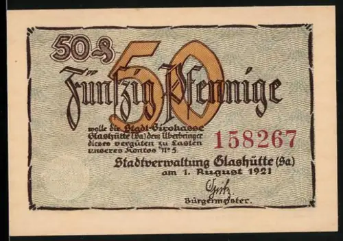 Notgeld Glashütte /Sa, 1921, 50 Pfennig, Taschenuhr und Rathaus