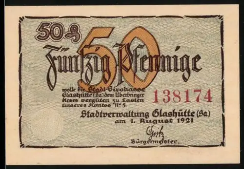 Notgeld Glashütte /Sa. 1921, 50 Pfennig, Observatorium und Taschenuhrmotiv