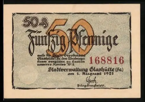 Notgeld Glashütte /Sa. 1921, 50 Pfennig, Deutsche Uhrmacherschule, Zahnrad und Münzstapel