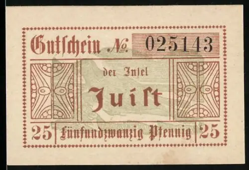 Notgeld Juist 1919, 25 Pfennig, dekorative Muster und Inschrift der Insel Juist