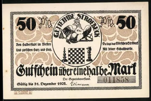 Notgeld Gemeinde Ströbeck 1921, 50 Pfennig, Schachbrett und Wappen mit Schachmotiv