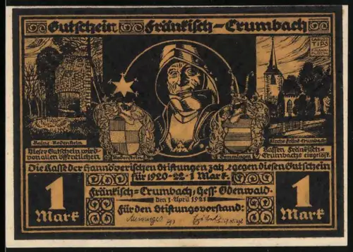 Notgeld Fränkisch-Crumbach 1921, 1 Mark, Rittererscheinung am Horizont und Landschaft