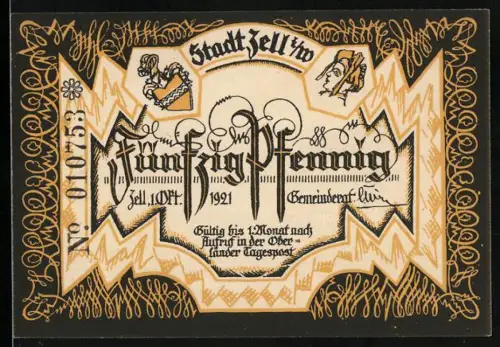 Notgeld Zell i. W. 1921, 50 Pfennig, Landschaft mit Jäger und Ziegen, Wappen und Ornamente