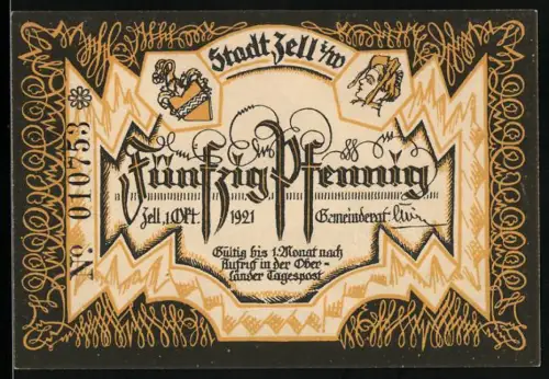 Notgeld Zell i.W. 1921, 50 Pfennig, Fachwerkhaus und dekoratives Muster, Wappen