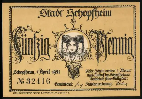 Notgeld Stadt Schopfheim 1921, 50 Pfennig, Frauenporträt und Häfnet-Jungfrau im Wald