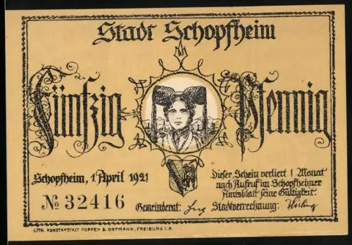 Notgeld Schopfheim 1921, 50 Pfennig, Frau mit Bollenhut, Mutter serviert Kindern Essen