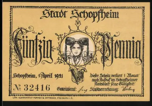 Notgeld Schopfheim 1921, 50 Pfennig, Porträt einer Frau mit Tracht, Der Traum im Mond von J.P. Hebel