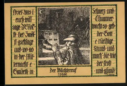 Notgeld Schopfheim 1921, 50 Pfennig, Wächterruf und Frau mit Tracht im Medaillon