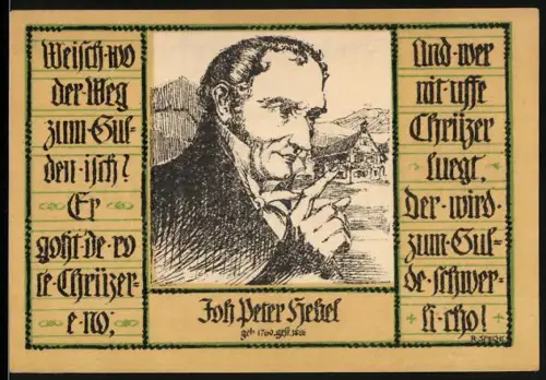 Notgeld Schopfheim 1921, 50 Pfennig, Johann Peter Hebel Porträt und Frau mit Tracht im Medaillon
