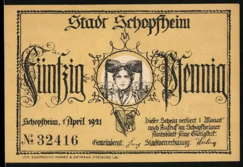 Notgeld Schopfheim 1921, 50 Pfennig, Bollenhut-Porträt und ländliche Szene mit Gedicht von Hebel
