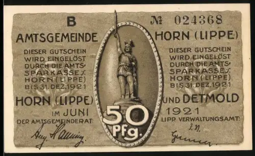 Notgeld Horn /Lippe 1921, 50 Pfennig, Hermannsdenkmal und Varusschlacht-Szene
