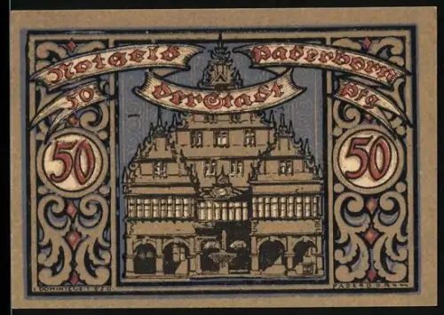 Notgeld Paderborn 1920, 50 Pf, Rathaus und Wappen der Stadt Paderborn