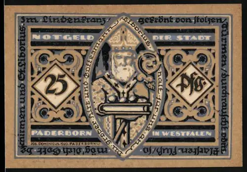 Notgeld Paderborn in Westfalen 1920, 25 Pf, Bischofsmotiv und Stadtwappen, Sternornamente