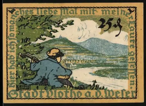 Notgeld Vlotho a. d. Weser 1921, 25 Pfennig, Musiker mit Laute und Landschaftsmotiv