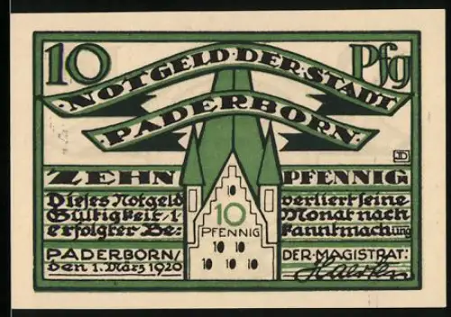 Notgeld Paderborn 1920, 10 Pfennig, Kaiser Karl der Grosse Porträt und gotische Architektur