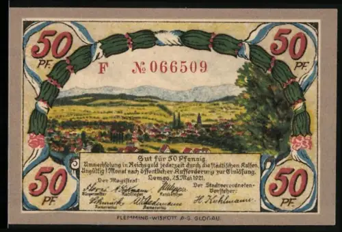Notgeld Lemgo 1921, 50 Pfennig, Landschaftsansicht und Soldat mit Wappen