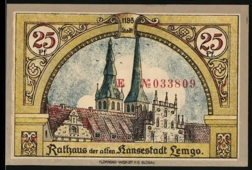 Notgeld Lemgo 1921, 25 Pf., Rathaus der alten Hansestadt, Wappen