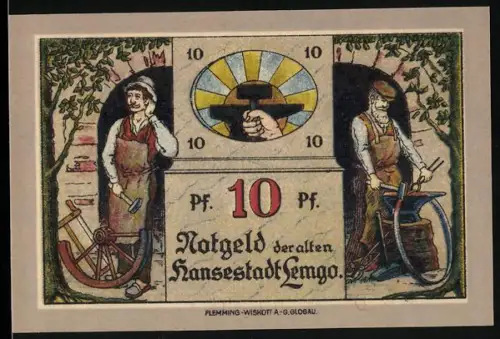 Notgeld Lemgo 1921, 10 Pf, Handwerker und Werkzeuge, Wappen und Verzierungen