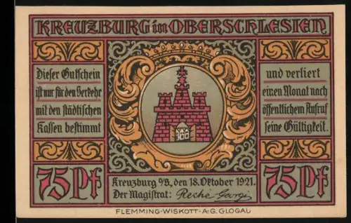 Notgeld Kreuzburg /O.S. 1921, 75 Pf, Stadtwappen und historische Gebäudeansicht