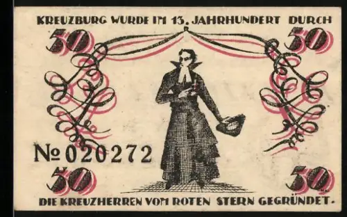 Notgeld Kreuzburg /O.S. 1921, 50 Pfennig, Kreuzherr mit Schriftzug und Stadtwappen