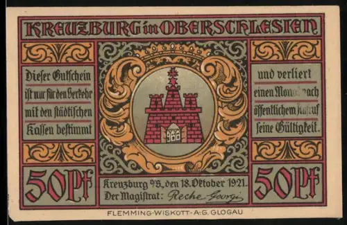 Notgeld Kreuzburg in Oberschlesien 1921, 50 Pf, Stadttor und Arbeiter mit Ortsansicht