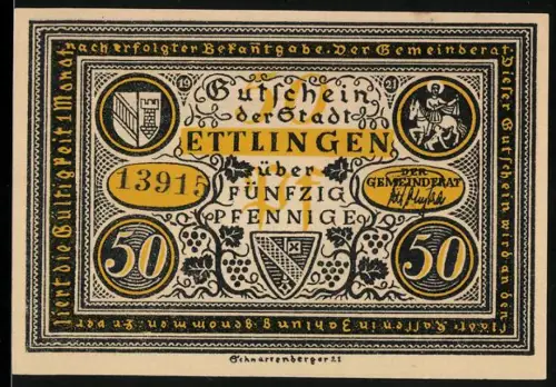 Notgeld Ettlingen 1919, 50 Pfennig, Wappenschilde und historische Szene mit Ratsherren im mittelalterlichen Stil