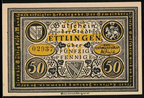 Notgeld Ettlingen 1921, 50 Pfennig, Wappen und historische Szene mit Markgraf und Narr