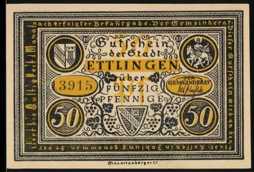 Notgeld Ettlingen 1921, 50 Pfennig, Stadtwappen und historische Szene mit tapferem Hans