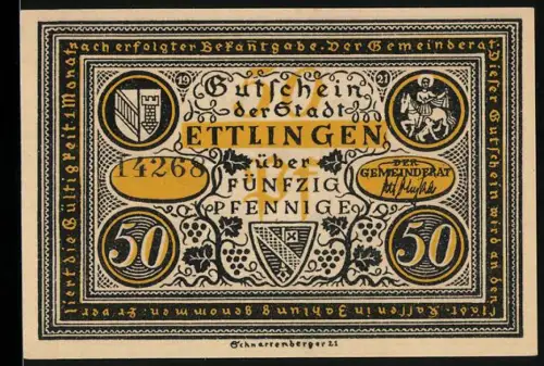 Notgeld Ettlingen 1921, 50 Pfennig, Wappen und historische Szene mit Moral der Geschichte vom Frauensteit