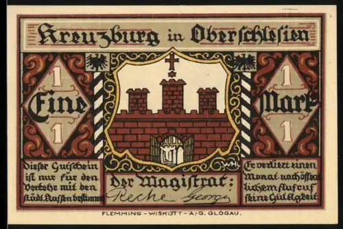Notgeld Kreuzburg in Oberschlesien, 1 Mark, Stadtwappen und historische Szene mit Rittern und Bürgern