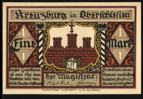 Notgeld Kreuzburg in Oberschlesien, 1 Mark, Stadtmauer mit Tor und Porträt von Gustav Freytag