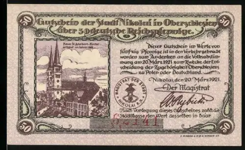 Notgeld Nikolai in Oberschlesien 1921, 50 Pfennig, St. Adalbert-Kirche