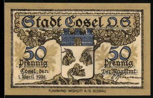 Notgeld Cosel /O.S. 1921, 50 Pfennig, Stadtwappen und Industrielandschaft im Hintergrund