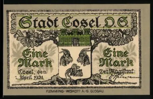Notgeld Cosel /O.S. 1921, 1 Mark, Stadtwappen mit drei Ziegenköpfen und Industrielandschaft mit Fluss