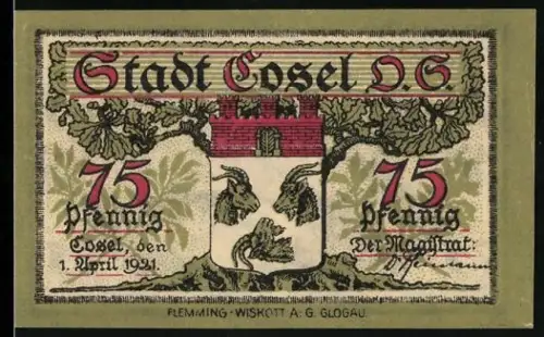 Notgeld Cosel /O.S. 1921, 75 Pfennig, Burg mit Eichenlaub, Bergbau und Industrieanlagen